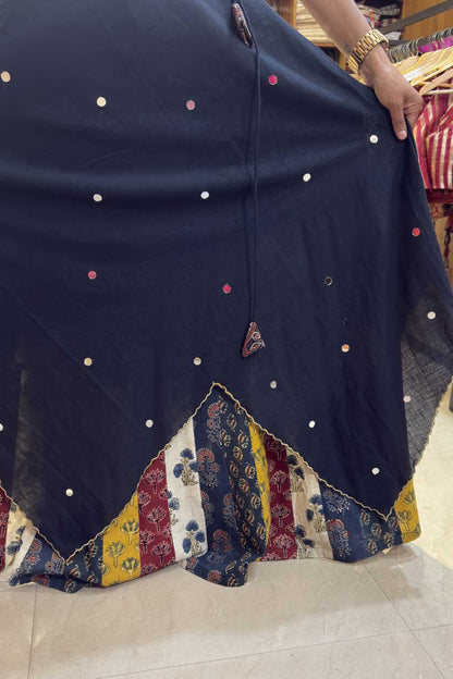 Black Mirror Work Ajrakh Patch Skirt