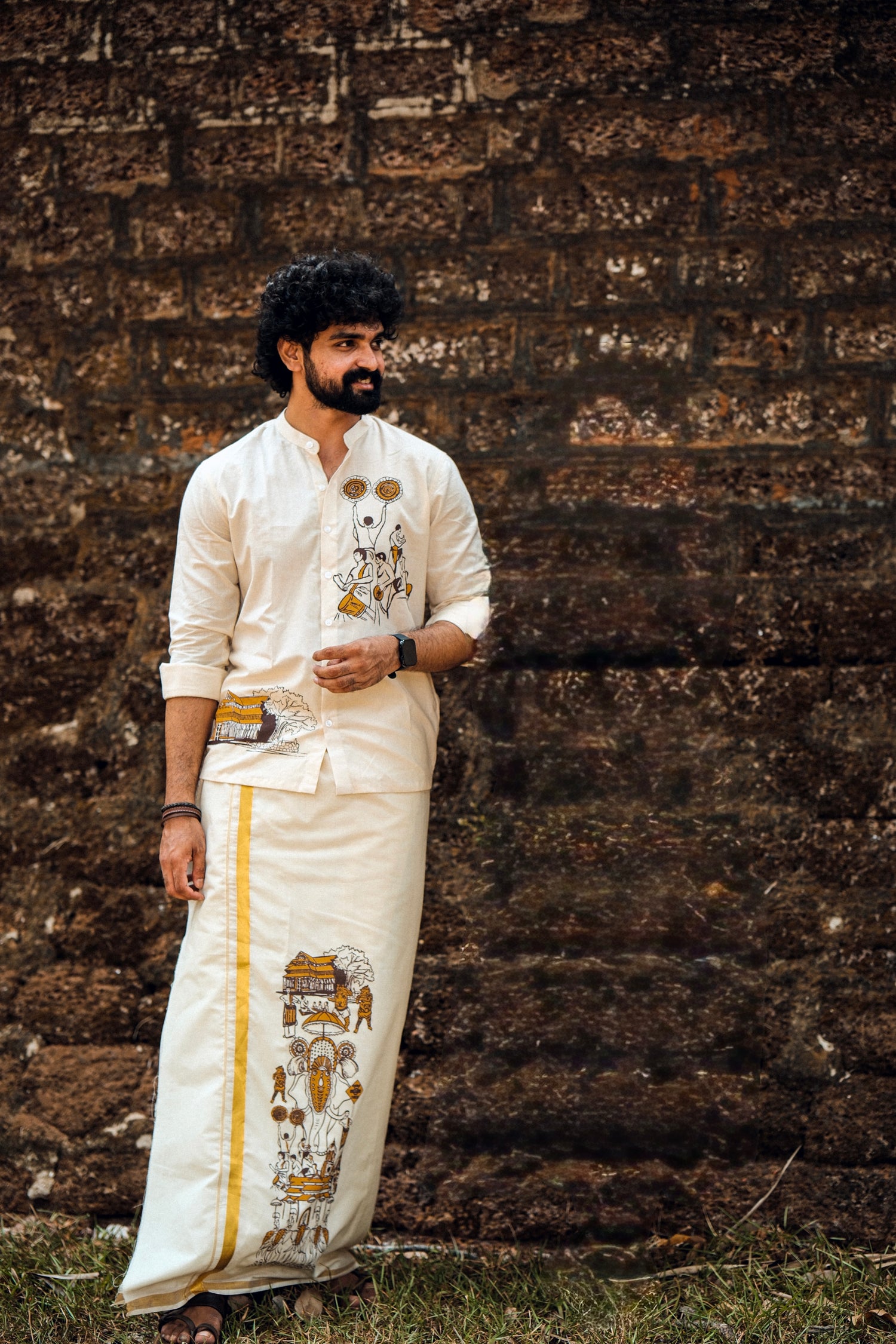 Offwhite Dhothi with Thrissur Pooram Print
