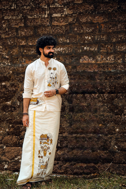 Offwhite Dhothi with Thrissur Pooram Print