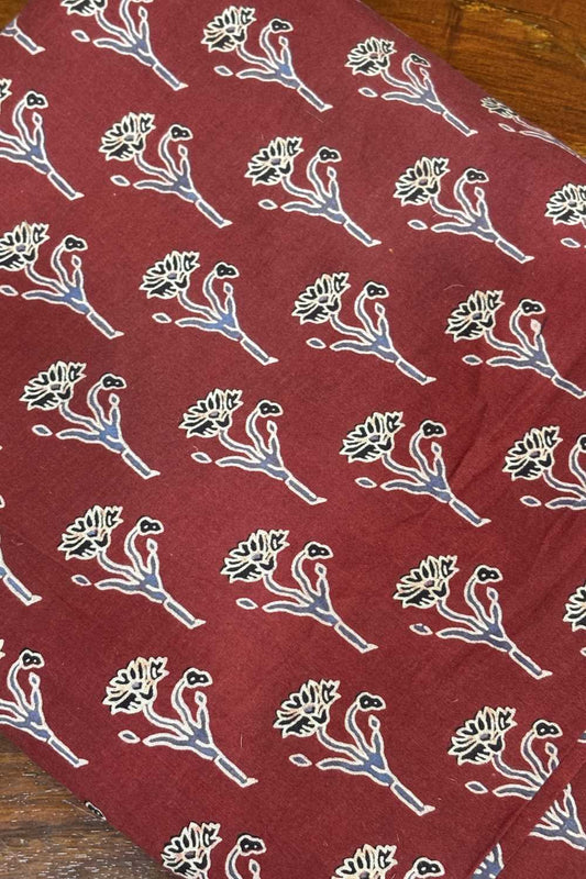 Ajrakh Maroon Base Flower Print Fabric