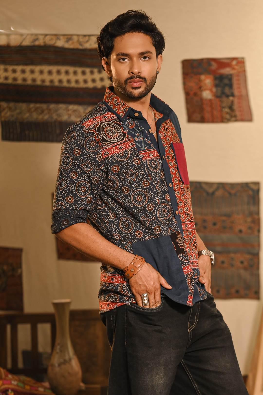 Asymmetric Ajrakh Patch Full Sleeve Shirt