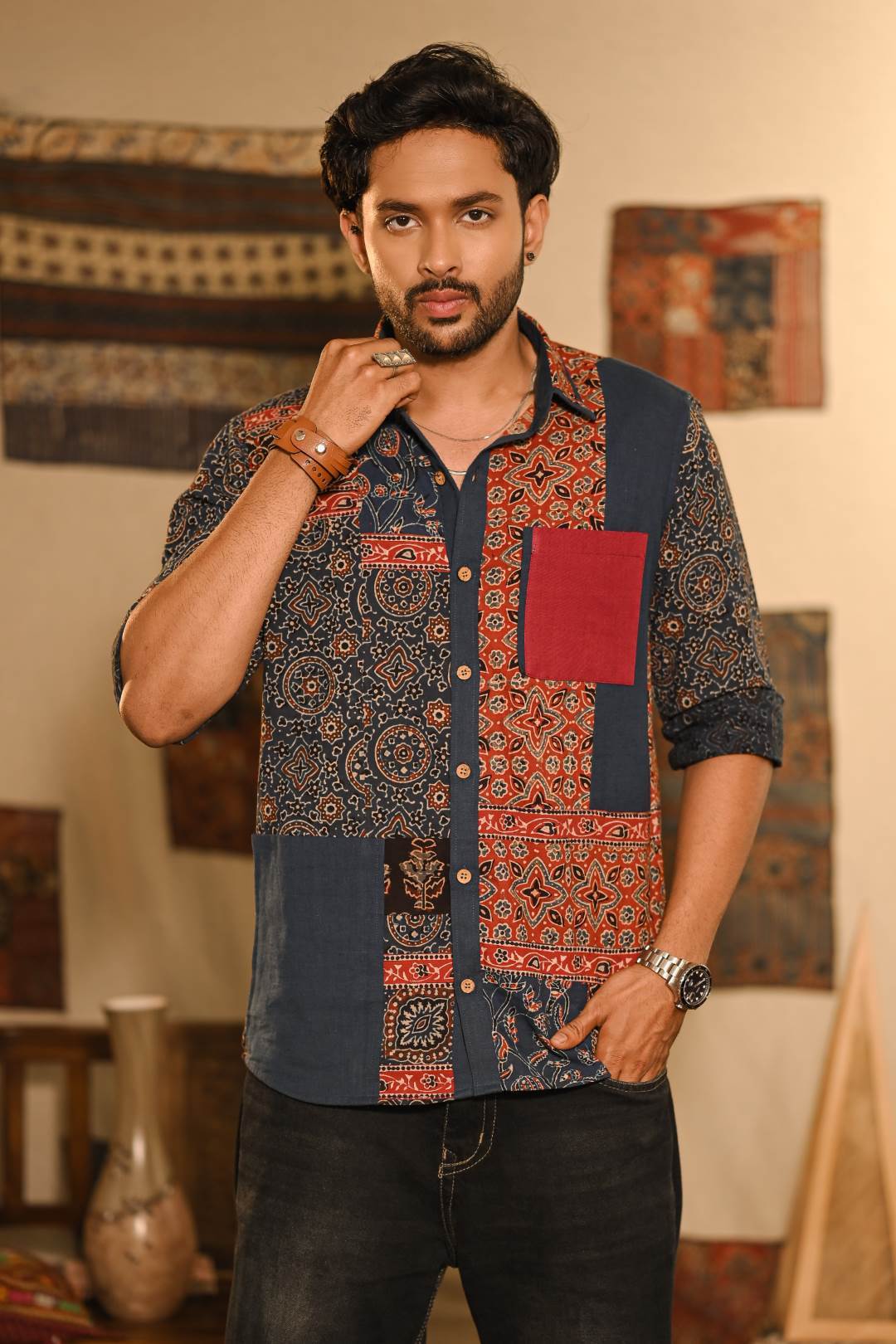 Asymmetric Ajrakh Patch Full Sleeve Shirt