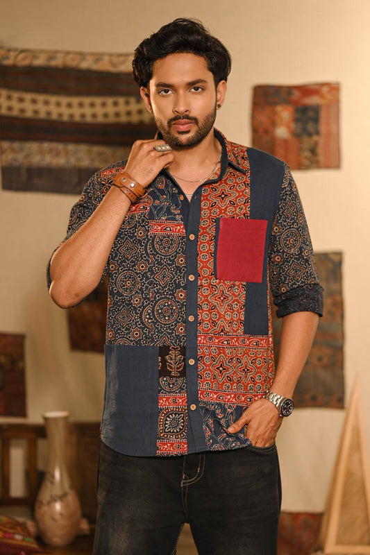 Asymmetric Ajrakh Patch Full Sleeve Shirt