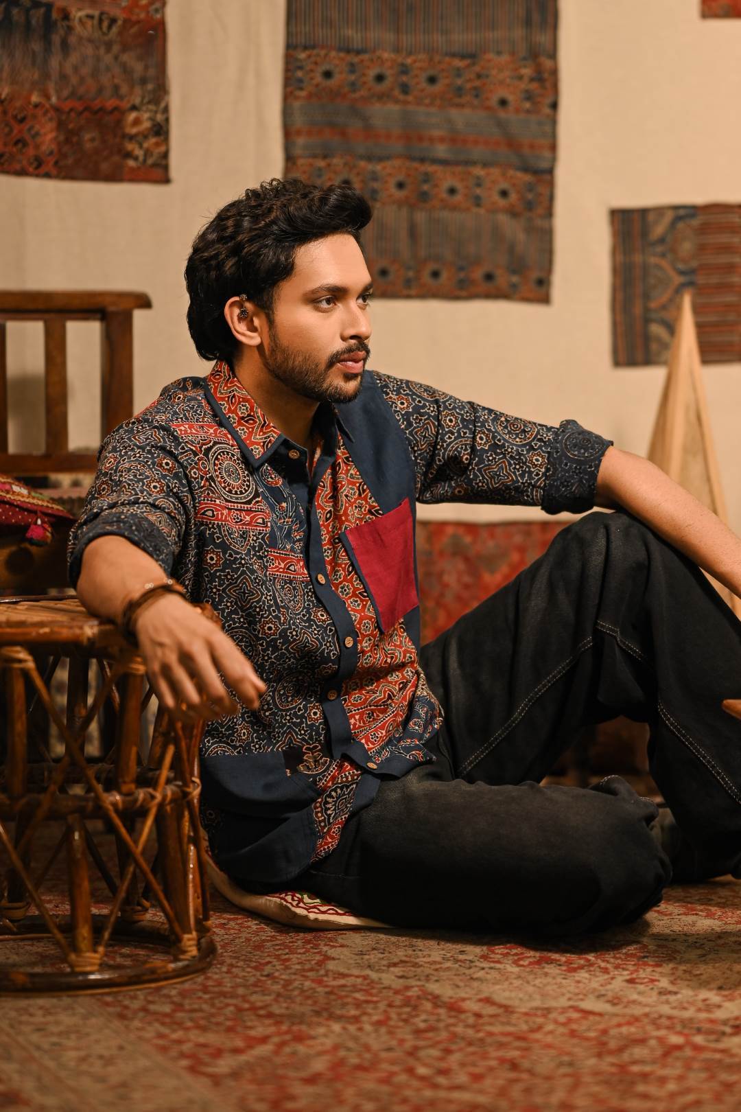 Asymmetric Ajrakh Patch Full Sleeve Shirt