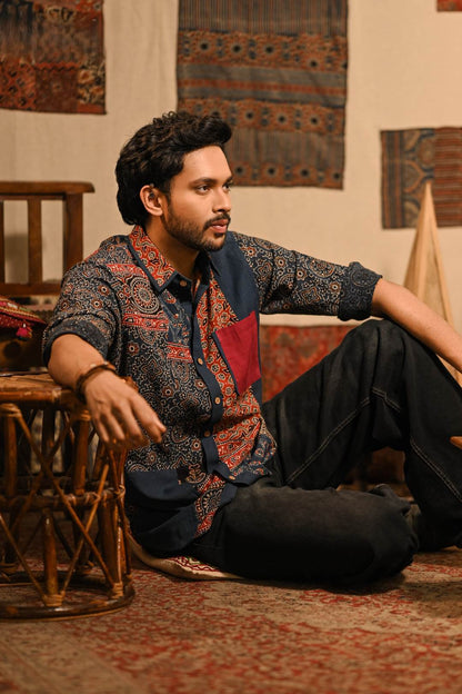 Asymmetric Ajrakh Patch Full Sleeve Shirt