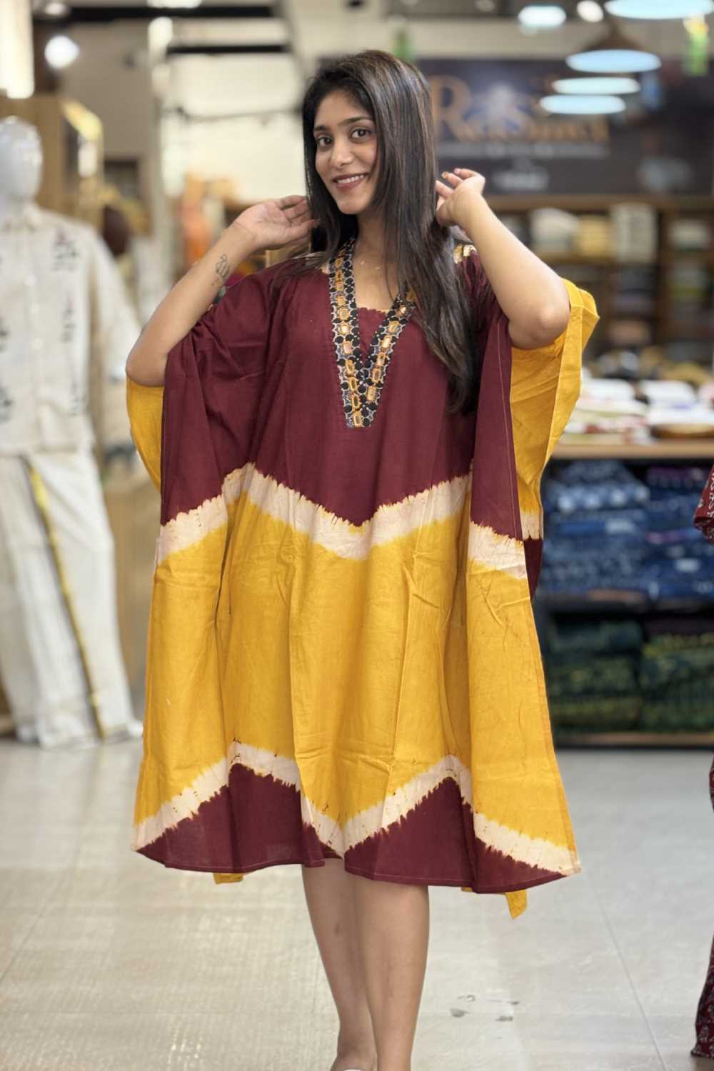 Maroon Yellow wave print Kaftan