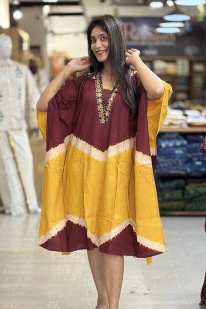 Maroon Yellow wave print Kaftan