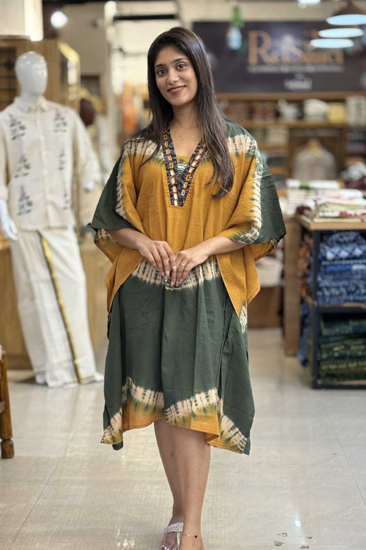 Yellow Kaftan Green Waves Print