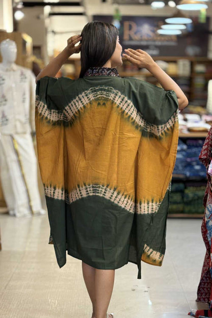 Yellow Kaftan Green Waves Print