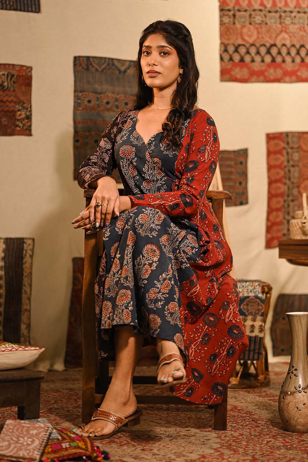 Ajrakh Printed Red, Blue & Black Angarakha Dress