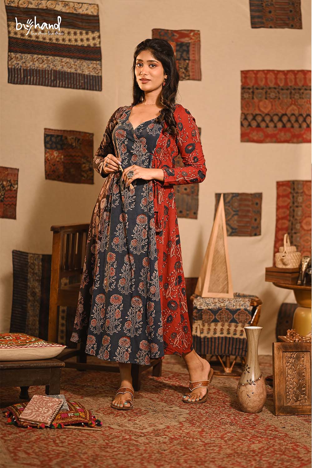 Ajrakh Printed Red, Blue & Black Angarakha Dress