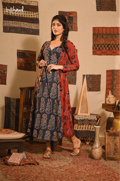 Ajrakh Printed Red, Blue & Black Angarakha Dress