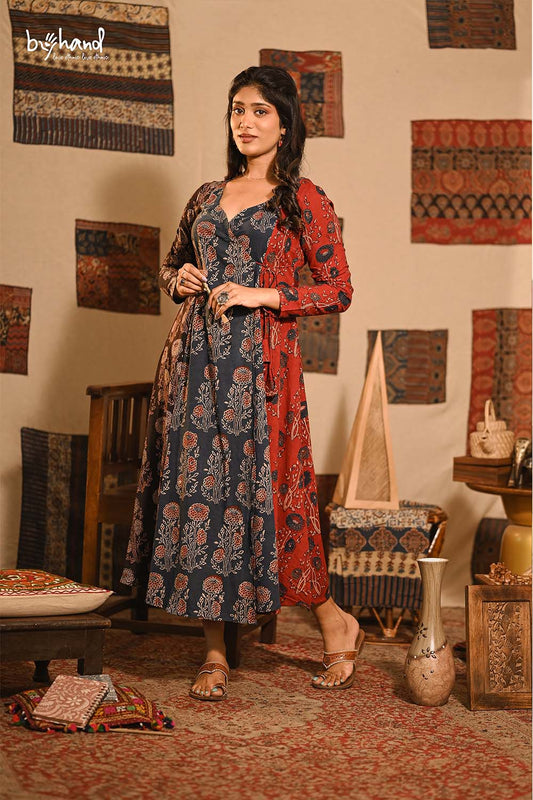 Ajrakh Printed Red, Blue & Black Angarakha Dress