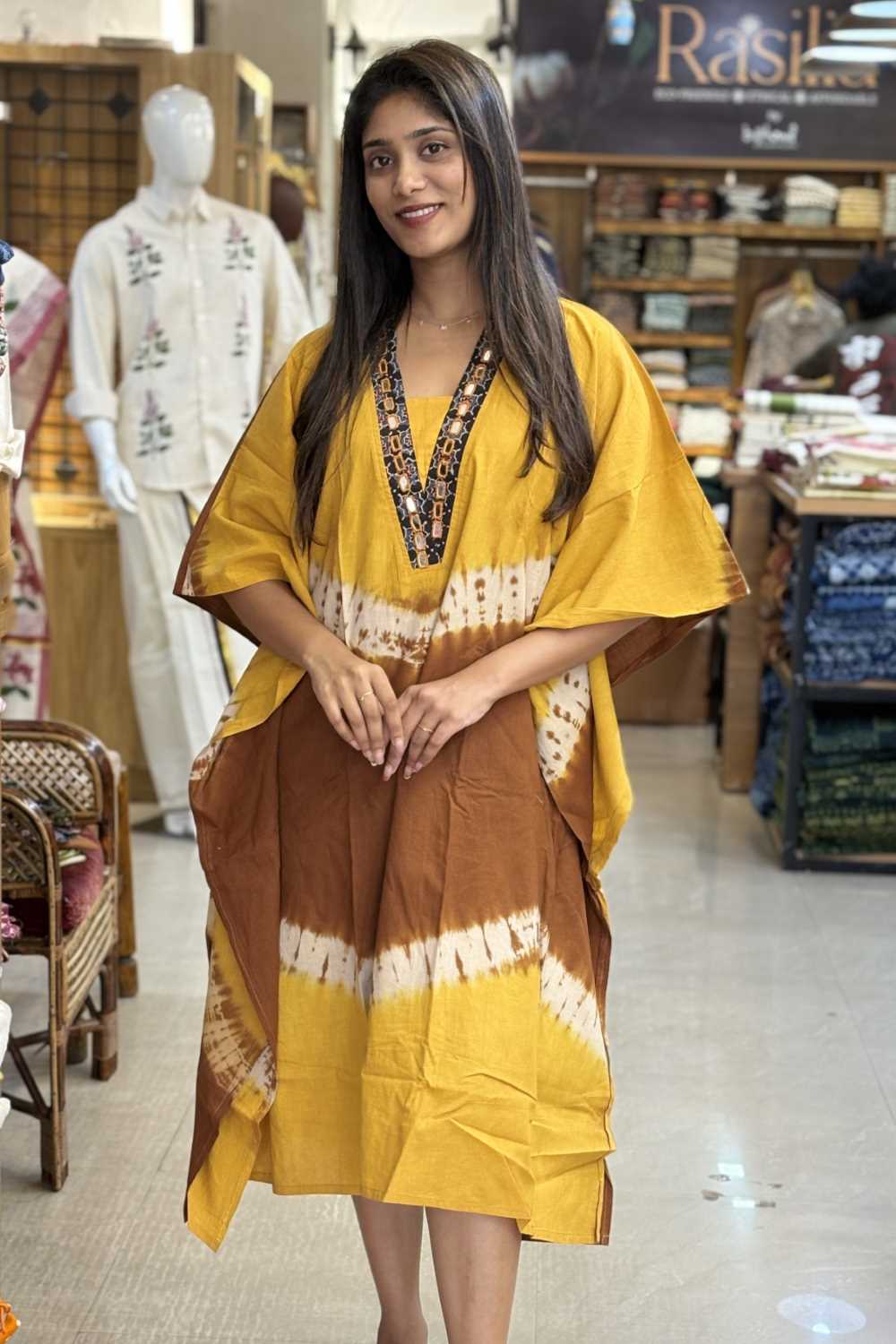 Brown Kaftan Yellow Prints