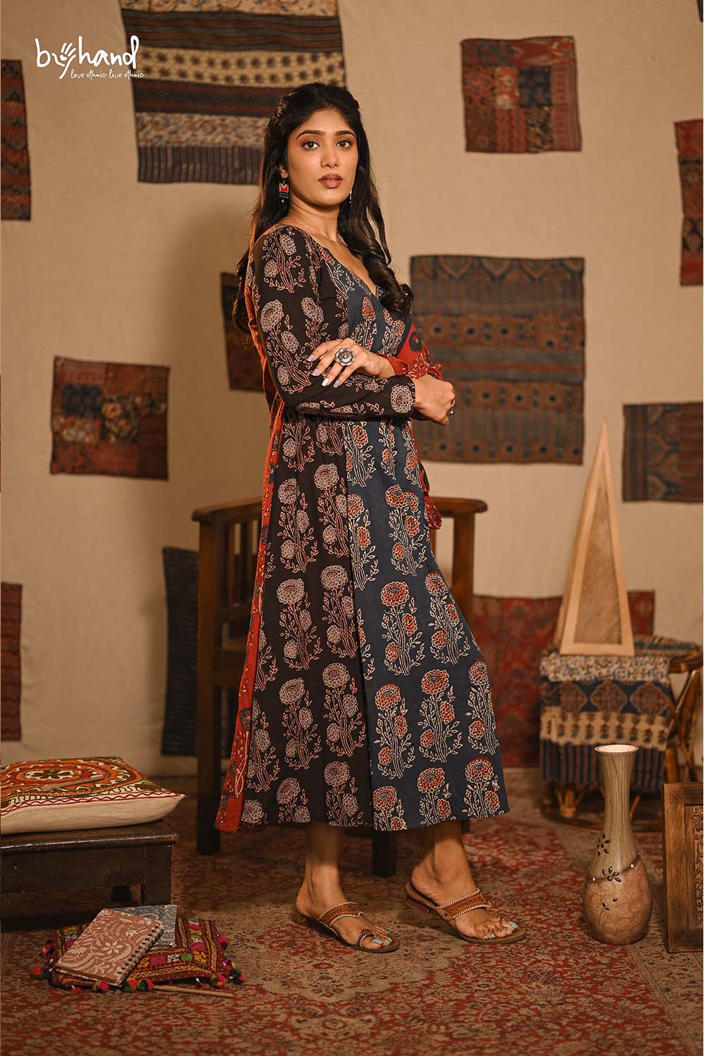 Ajrakh Printed Red, Blue & Black Angarakha Dress