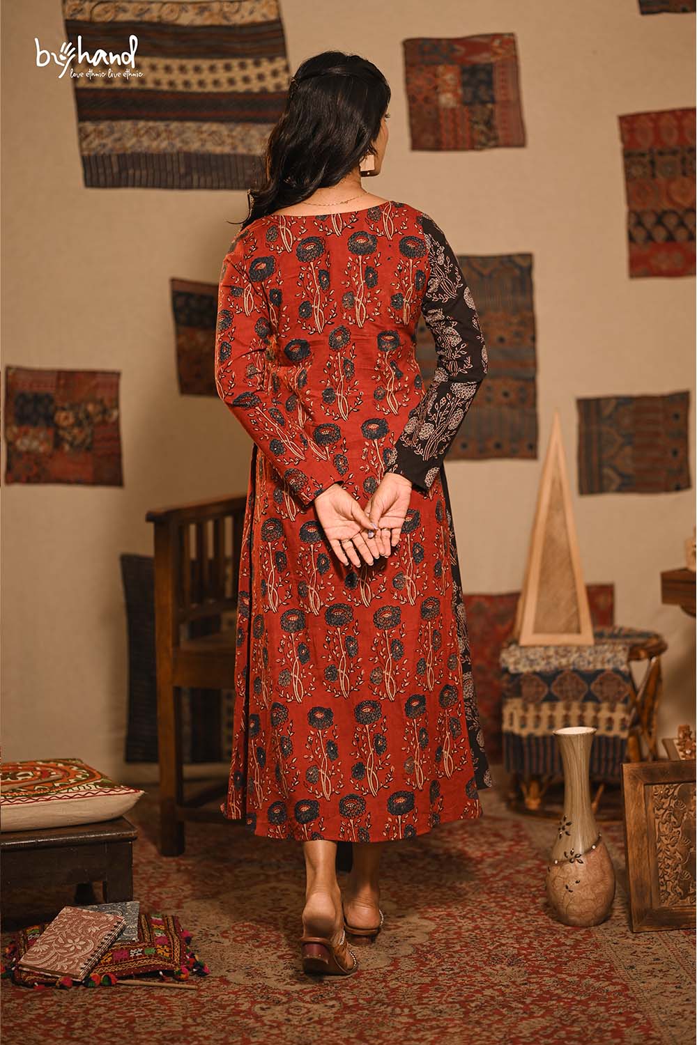 Ajrakh Printed Red, Blue & Black Angarakha Dress