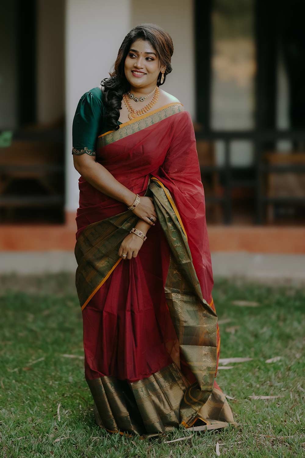 Red base Green Big Border Saree