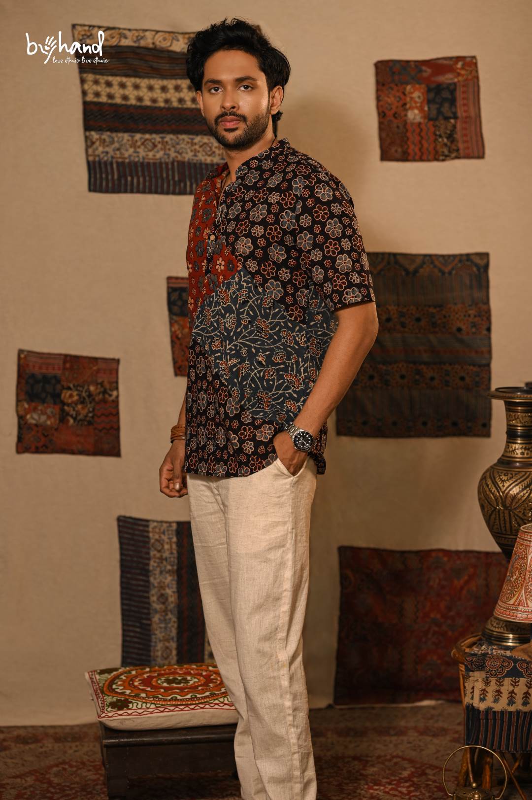 Red Black Blue Ajrakh Floral Pack Kurta