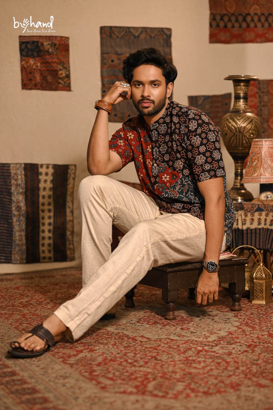 Red Black Blue Ajrakh Floral Pack Kurta