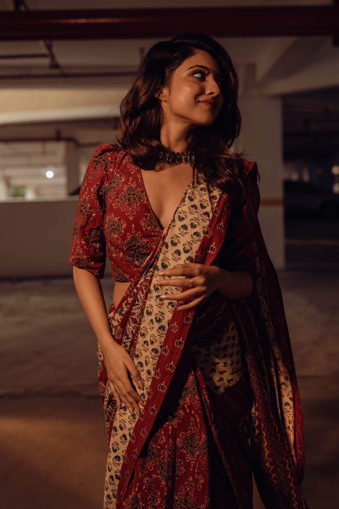 Off white & Red Ajrakh Patch Saree