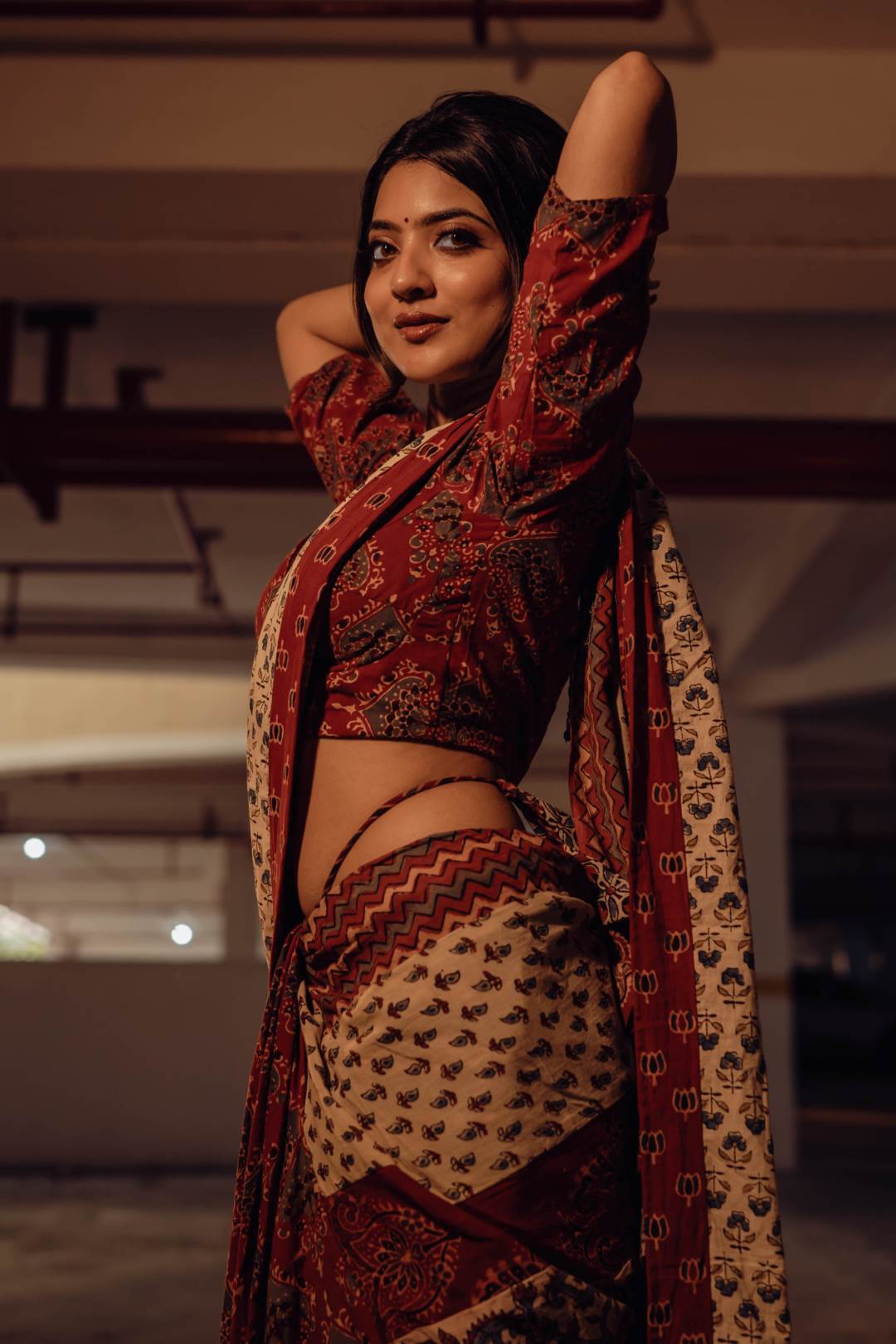 Off white & Red Ajrakh Patch Saree