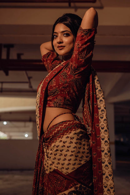 Off white & Red Ajrakh Patch Saree