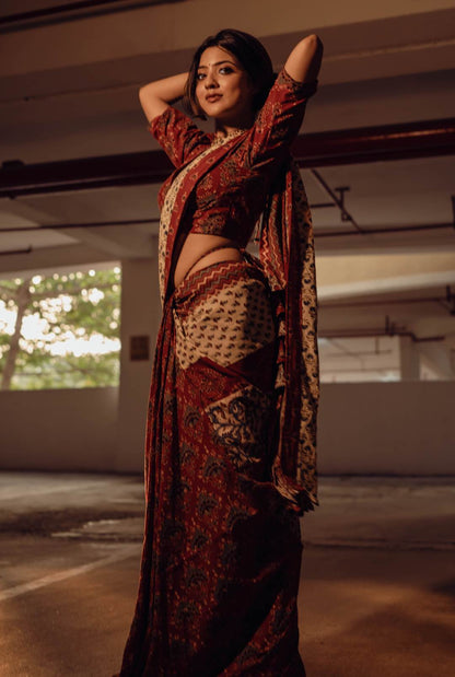 Off white & Red Ajrakh Patch Saree