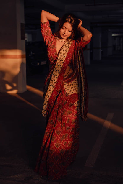 Off white & Red Ajrakh Patch Saree