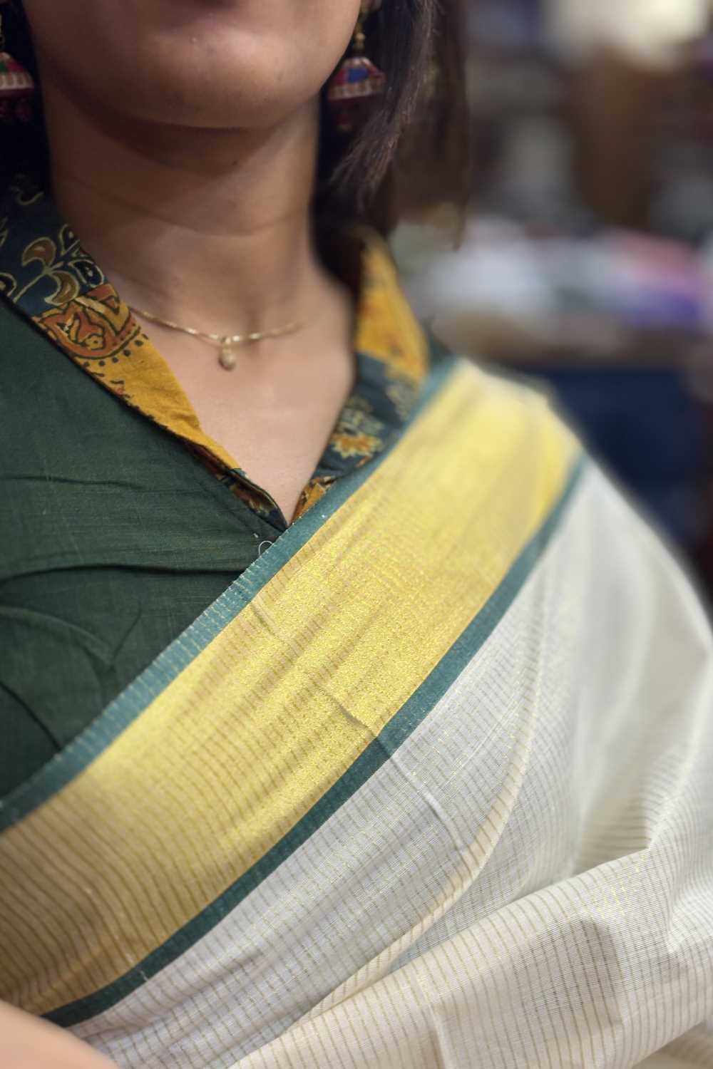 Dark Green Golden Border Saree