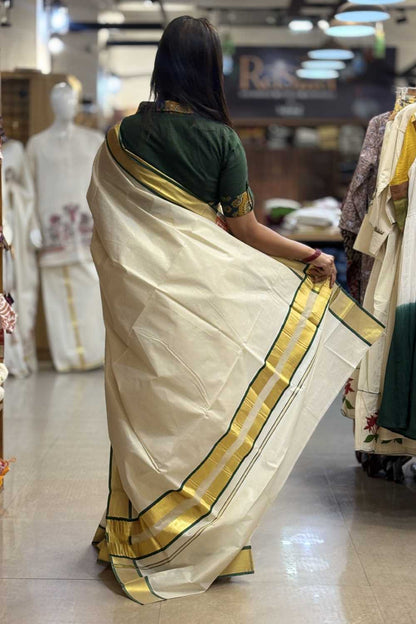 Dark Green Golden Border Saree