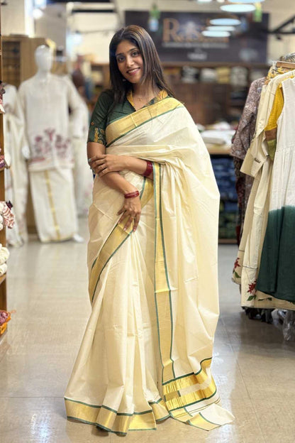 Dark Green Golden Border Saree