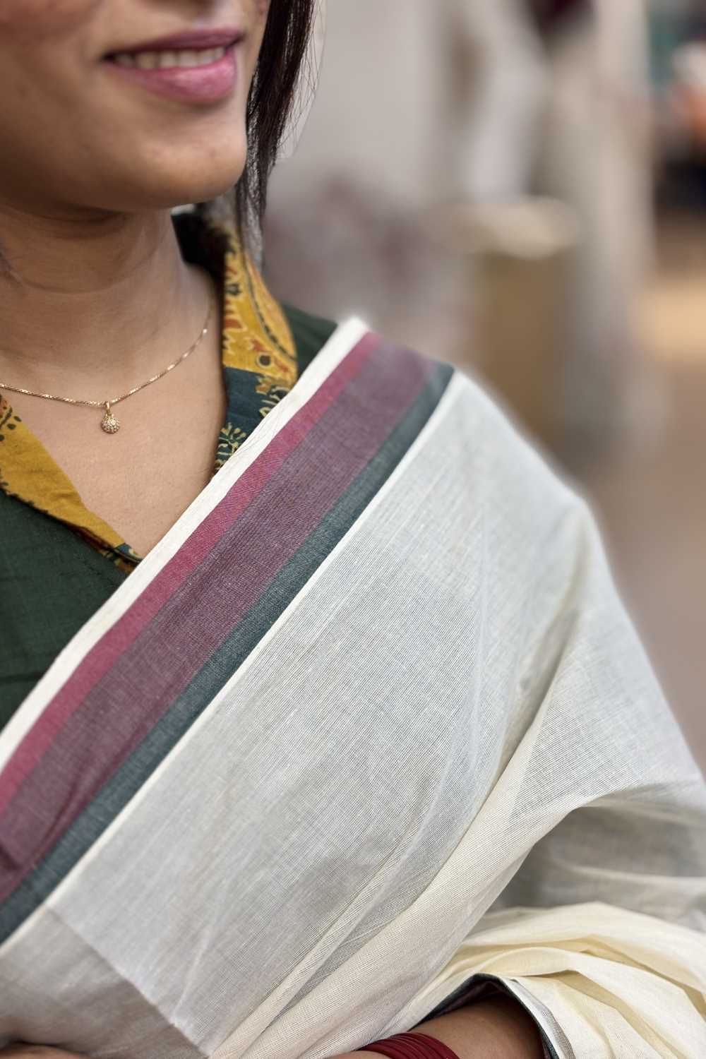 Green & Maroon Border Kerala Saree