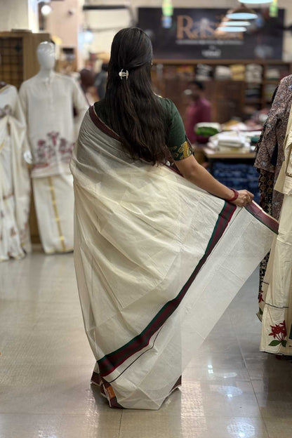 Green & Maroon Border Kerala Saree