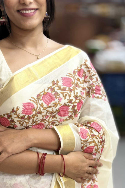 Kerala Saree with Lotus Print