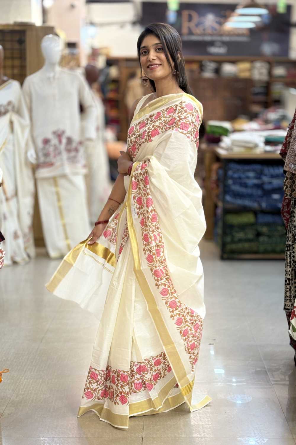 Kerala Saree with Lotus Print
