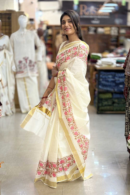 Kerala Saree with Lotus Print