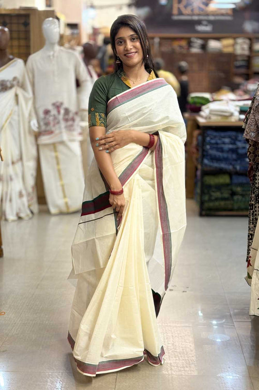 Green & Maroon Border Kerala Saree