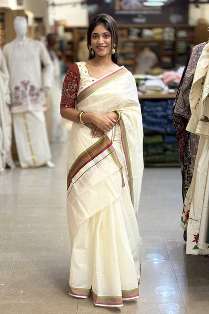 Maroon & Light Green Border Saree