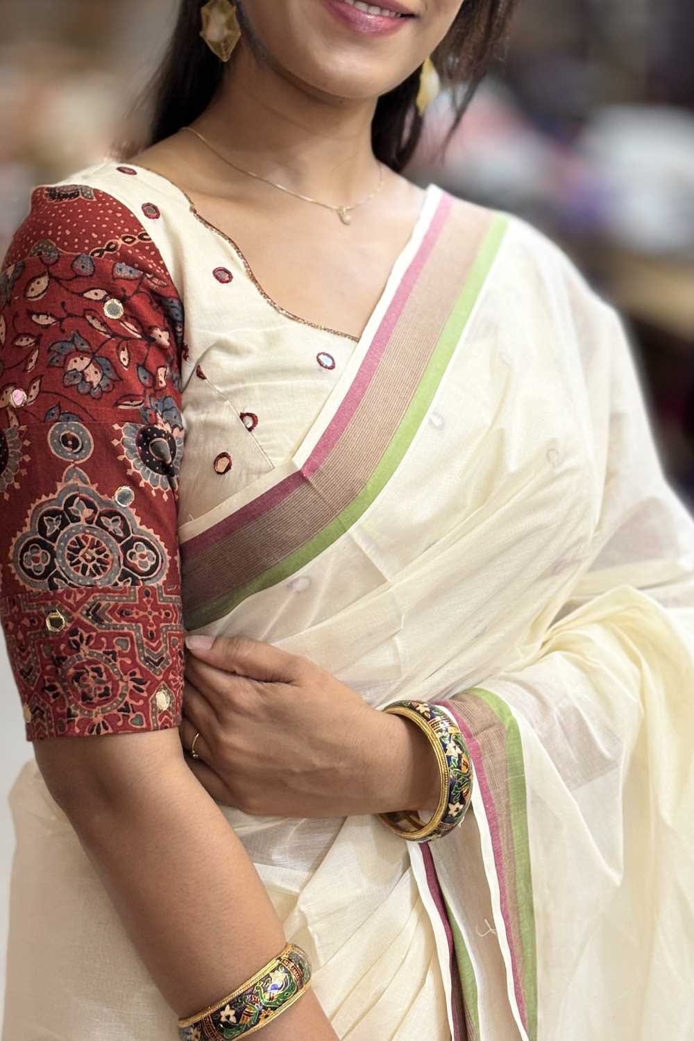 Maroon & Light Green Border Saree