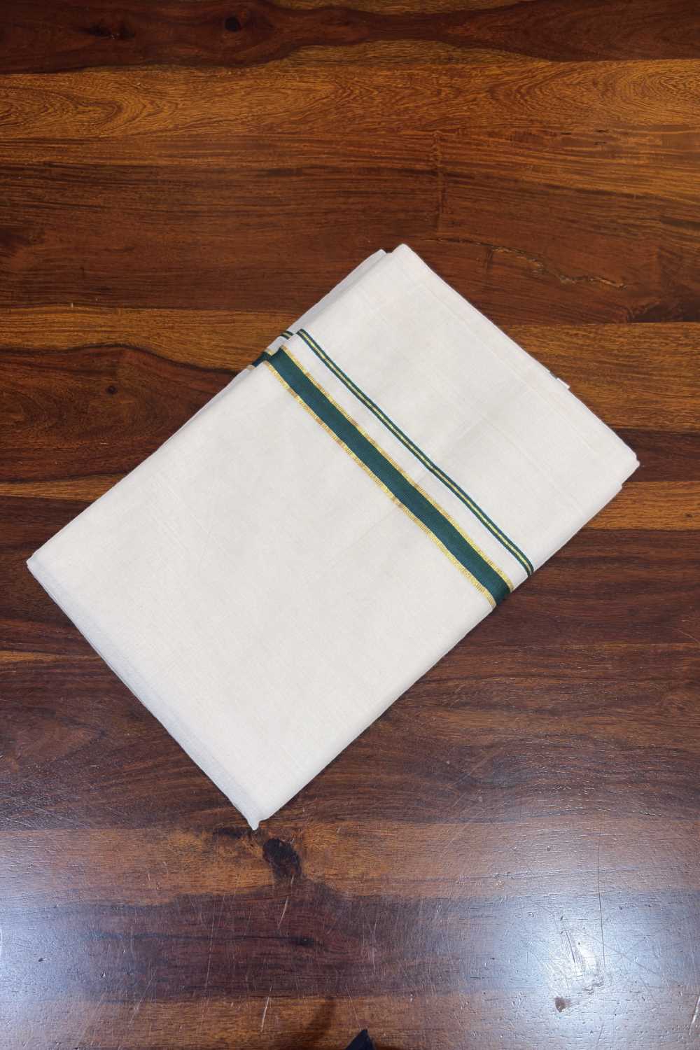 Offwhite Puliyilakara Saree Green & Golden Border