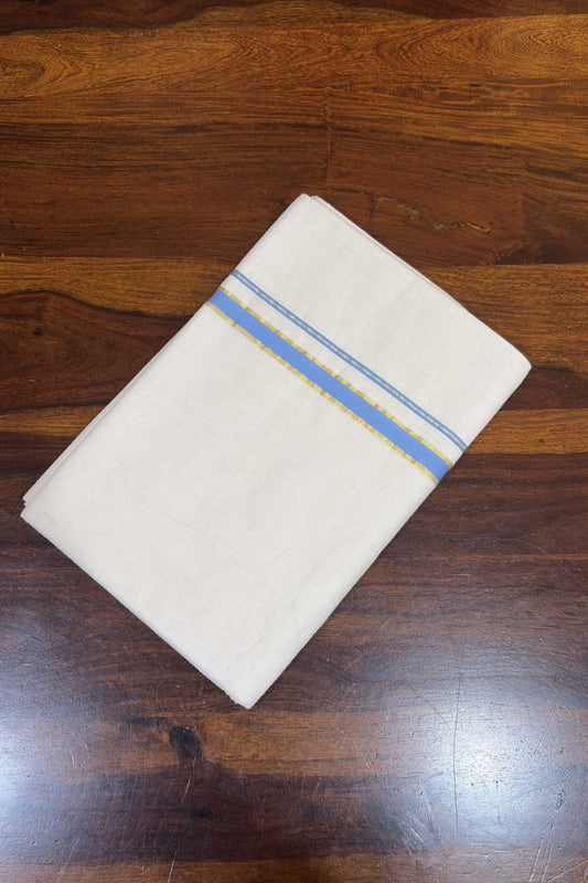 Offwhite Puliyilakara Saree Sky Blue & Golden Border