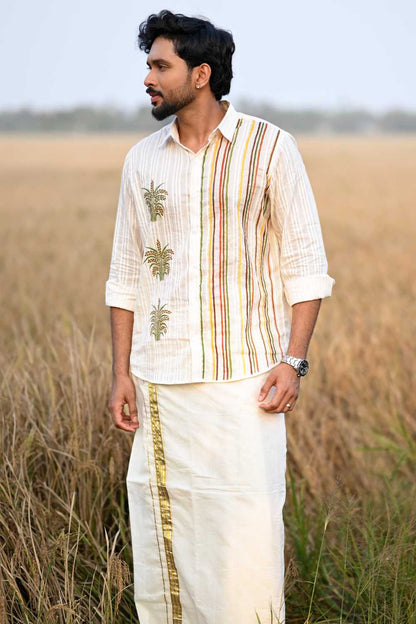 Offwhite Lurex Shirt with Nelkathir & Stripes Hand Painted