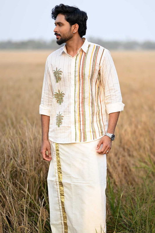 Offwhite Lurex Shirt with Nelkathir & Stripes Hand Painted