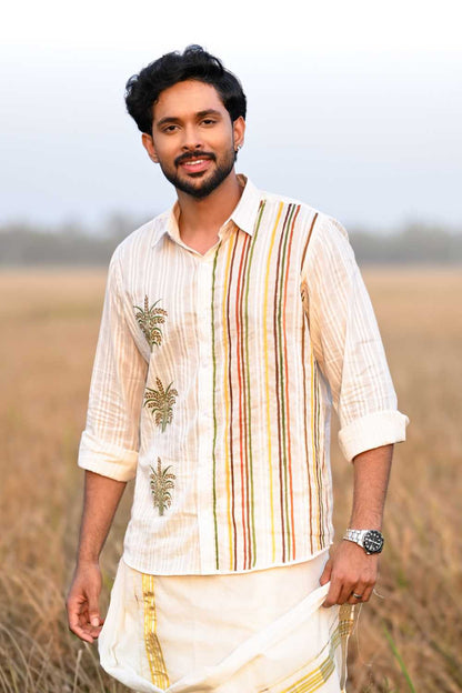 Offwhite Lurex Shirt with Nelkathir & Stripes Hand Painted