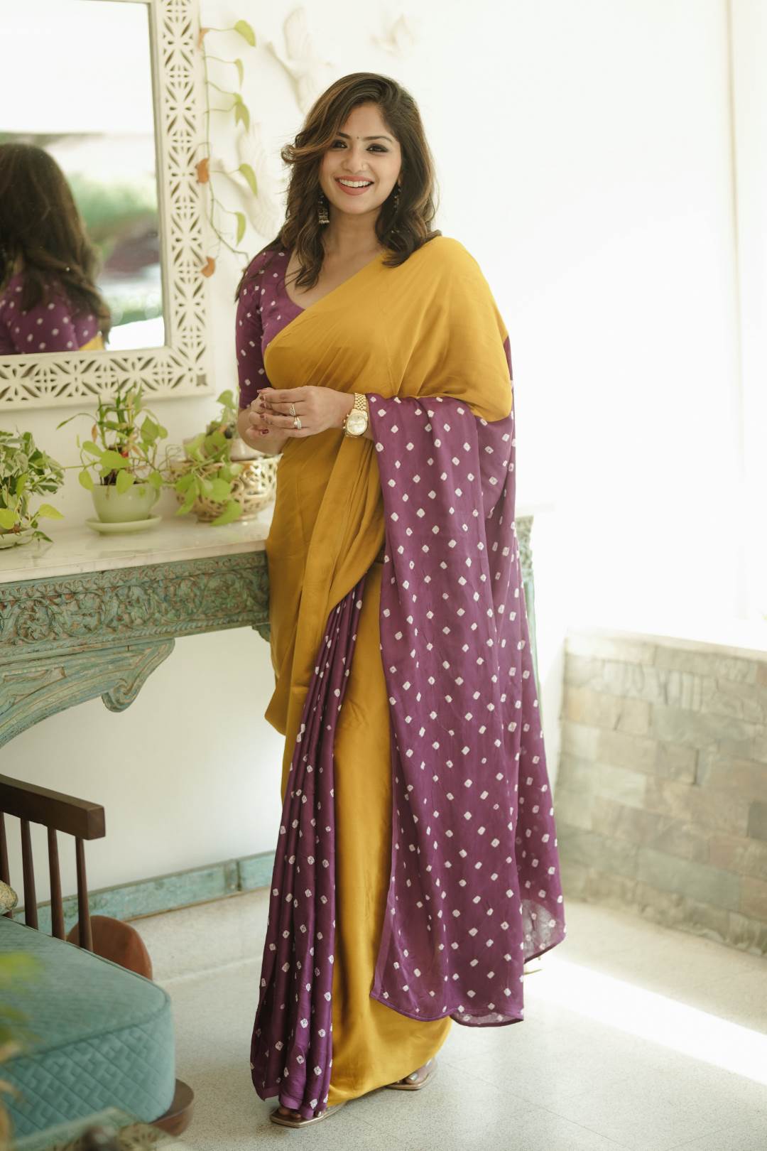 Yellow & Purple Bandhini Modal Silk Saree