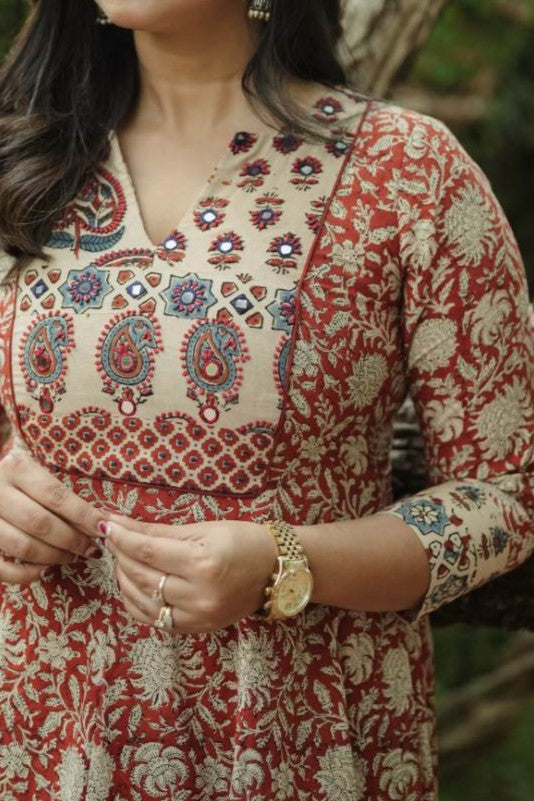 Red Kalamkari Anarkali Beige Patch Yoke Neck & Sleeve