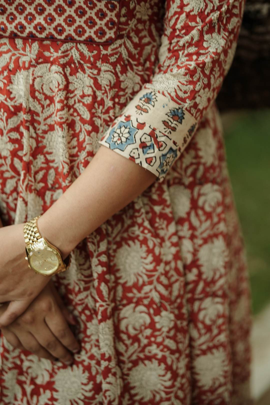 Red Kalamkari Anarkali Beige Patch Yoke Neck & Sleeve