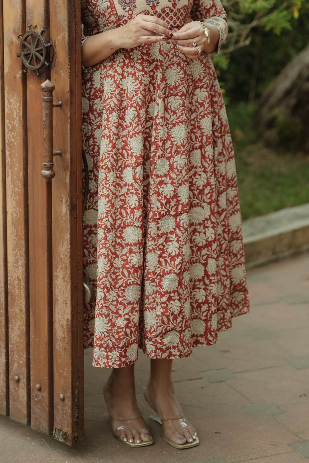 Red Kalamkari Anarkali Beige Patch Yoke Neck & Sleeve