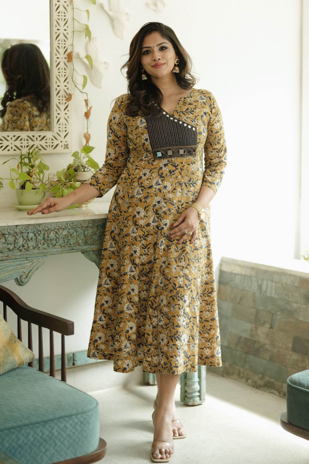 Yellow Bagru Printed Anarkali