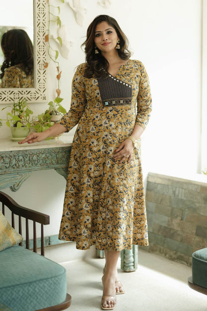 Yellow Bagru Printed Anarkali